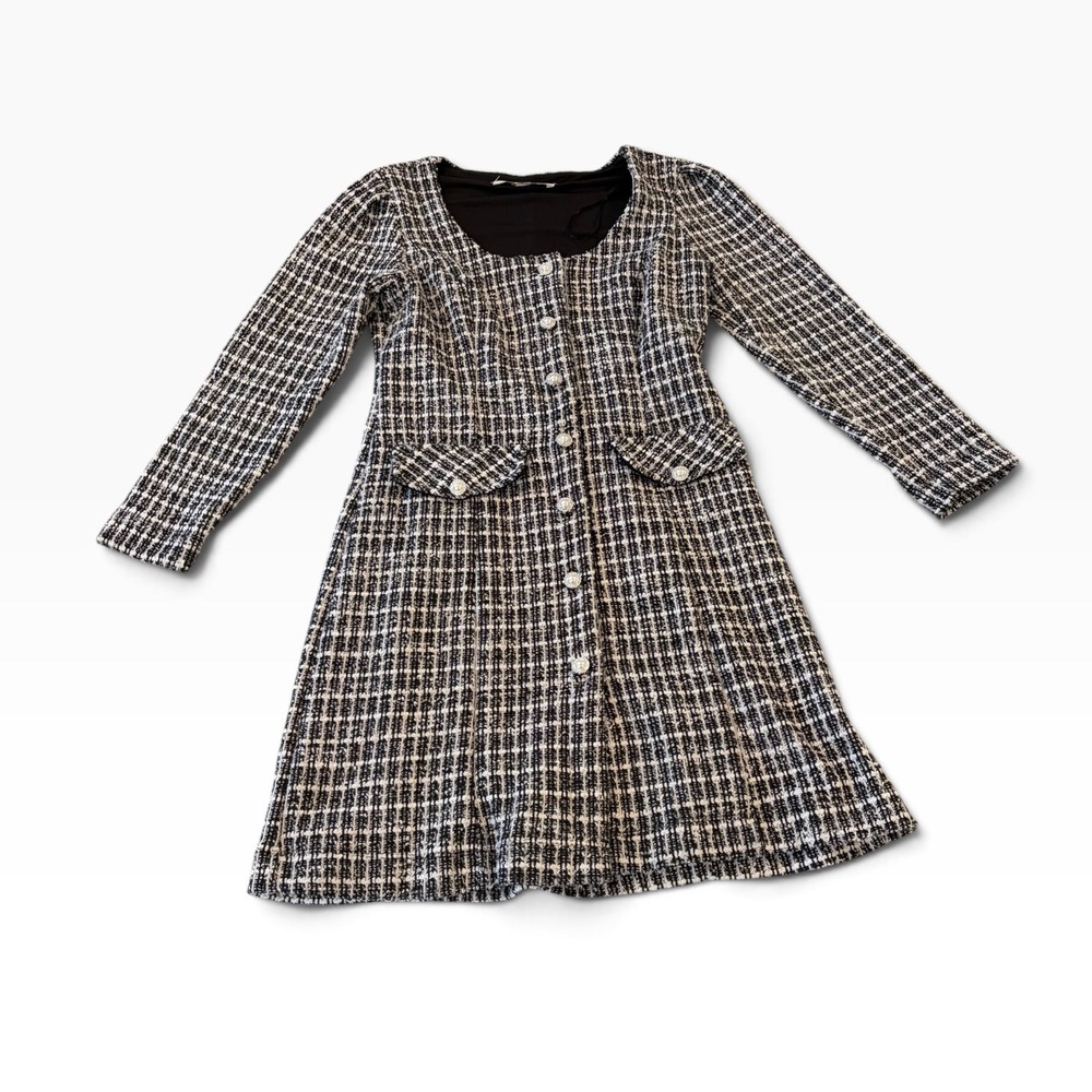 Taylor Womens Black White Tweed Faux Pearl Button Square Neck Dress Size 6